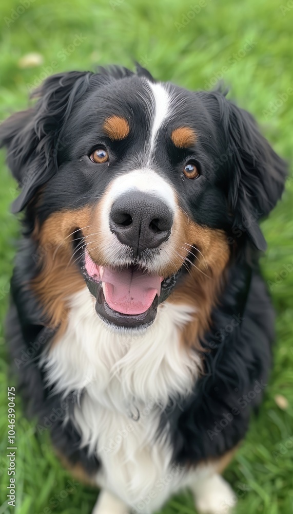 Bernese Mountain Dog in Sunlit Field: Gentle and Majestic Canine Portrait for Print Design Bernese Mountain Dog in Sunlit Field: Gentle and Majestic Canine Portrait for Print Design