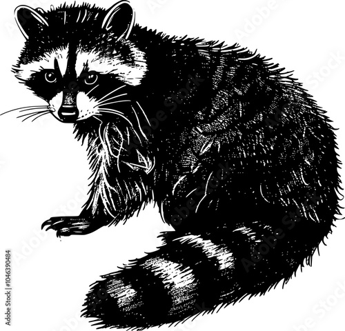 Black and white illustration of a raccoon with a focused expression.