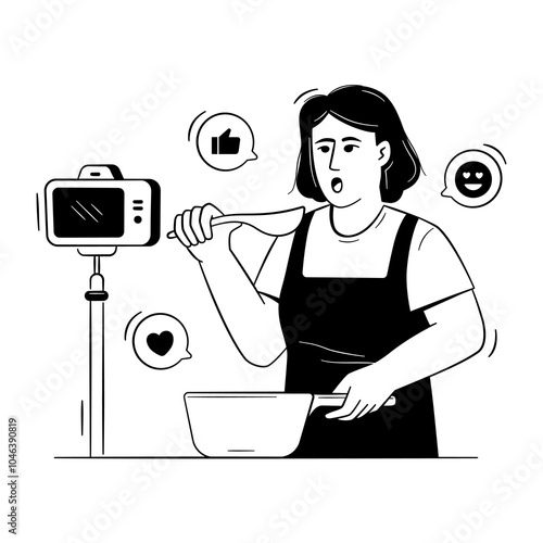 Food blogger concept. food, blogger, female, kitchen, blog, chef, cooking, culinary, camera, content. Vector illustration