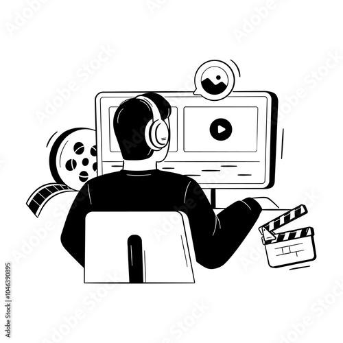 Video editing concept. editing, movie, production, video, software, computer, studio, film, creative, monitor. Vector illustration