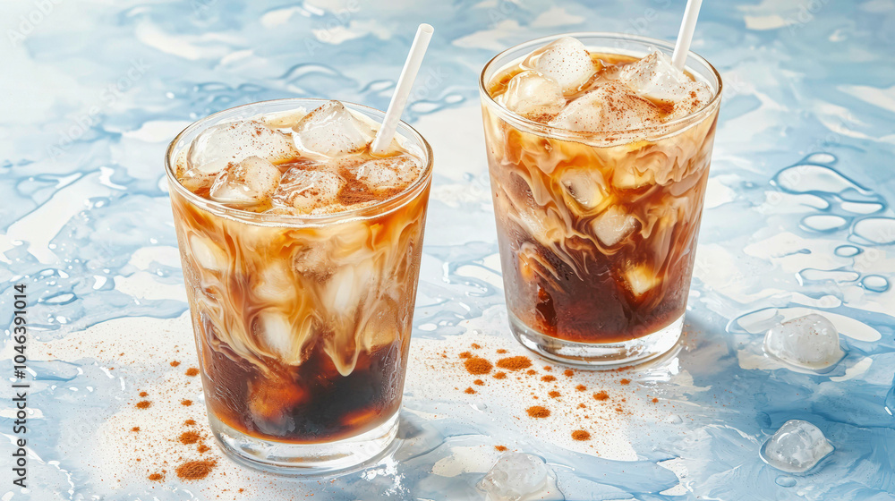 Two refreshing iced drinks with lots of ice and straws, set against a vibrant blue background. Two refreshing iced drinks with lots of ice and straws, set against a vibrant blue background.
