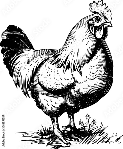 Black and white illustration of a rooster with a detailed texture.