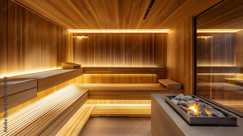 Fototapeta premium A luxurious sauna with warm wood paneling minimalis
