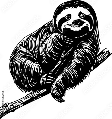 Black and white illustration of a sloth with a detailed texture.