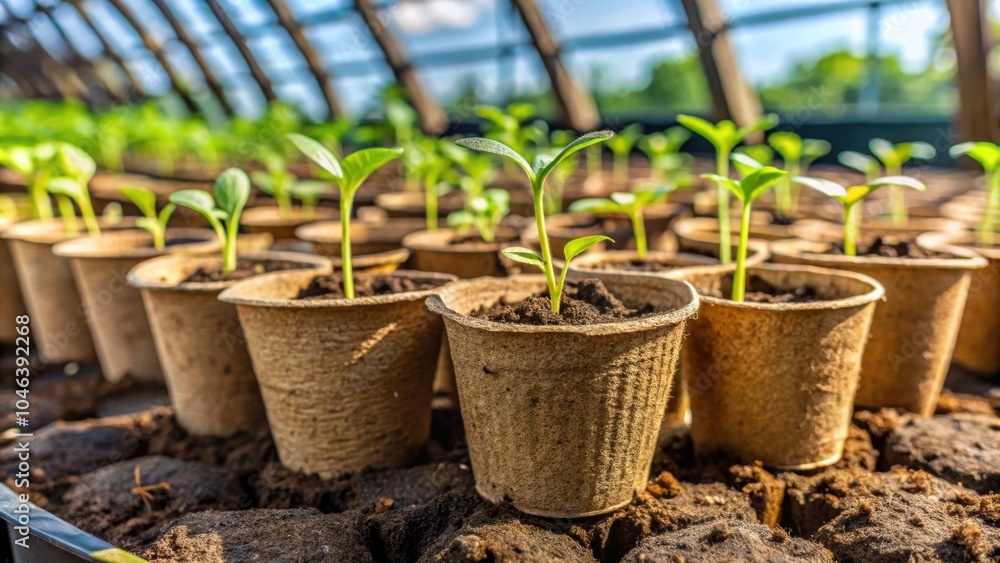 Close-up of peat pots with seedlings of vegetables in a greenhouse, Peat pots, seedlings, vegetables, greenhouse Close-up of peat pots with seedlings of vegetables in a greenhouse, Peat pots, seedlings, vegetables, greenhouse