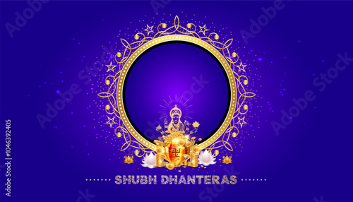 Happy Dhanteras template. Festival of India, golden coins and Maa Lakshmi puja background.