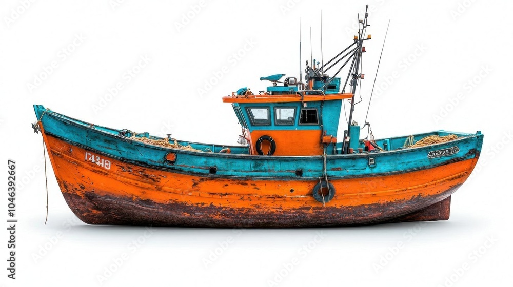 A photostock of a fishing boat sailing on a white background, perfect for maritime, adventure, or fishing-related themes. A photostock of a fishing boat sailing on a white background, perfect for maritime, adventure, or fishing-related themes.