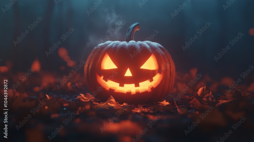 A glowing jack-o'-lantern sits in a dark forest with leaves surrounding it and a faint mist in the air. A glowing jack-o'-lantern sits in a dark forest with leaves surrounding it and a faint mist in the air.