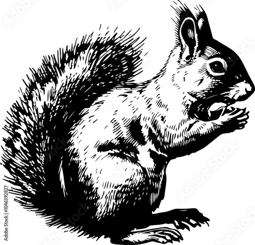 Black and white illustration of a squirrel holding a nut in its paws. (1)
