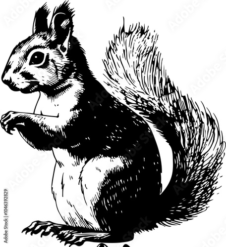 Black and white illustration of a squirrel with its tail raised.