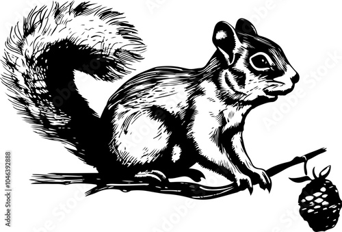 Black and white illustration of a squirrel sitting on a branch with a pine cone.