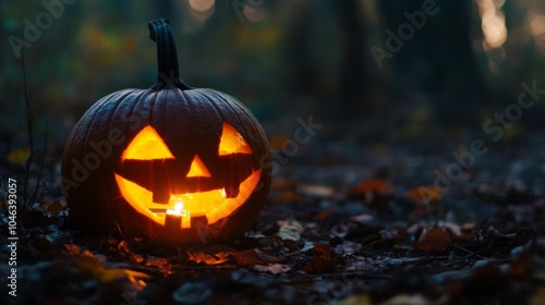 A glowing jack-o-lantern sits on a bed of leaves in a dark forest, with a spooky and atmospheric feeling.