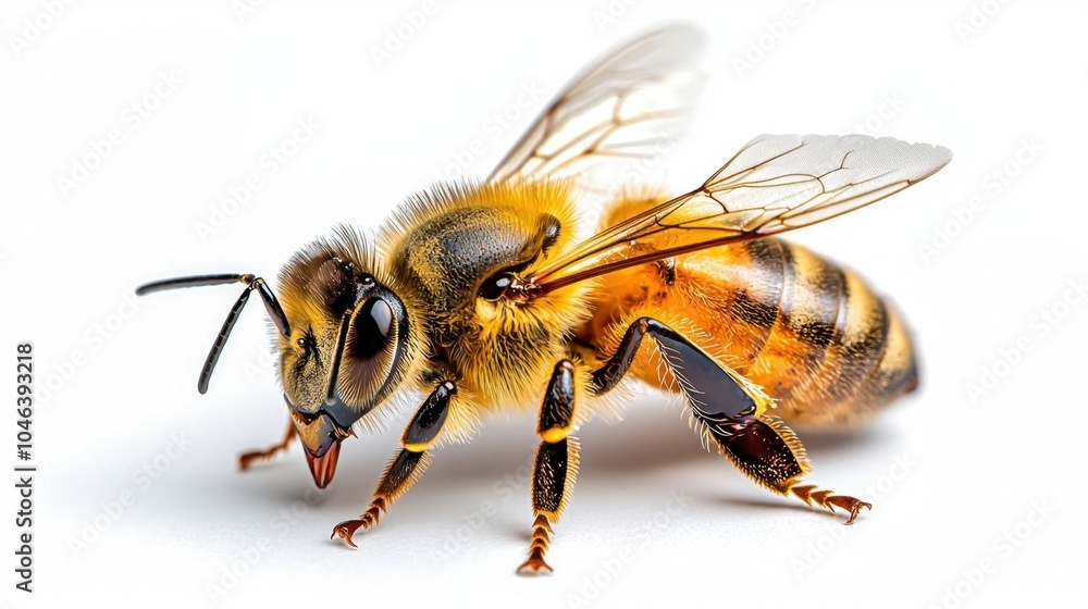 A photostock of a honeybee against a white background, captured in detail for environmental or nature themes.