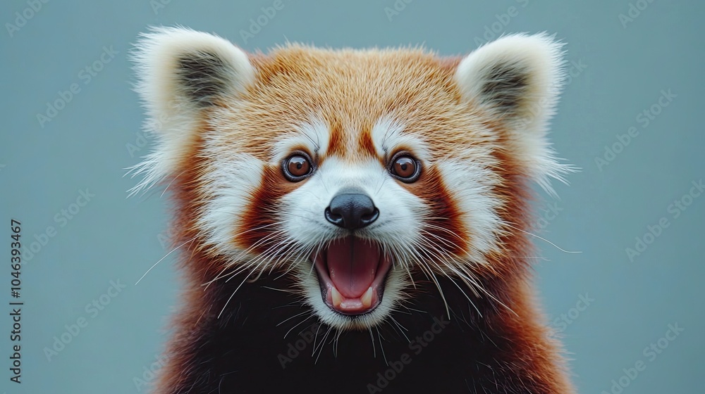 A startled red panda against a plain backdrop A startled red panda against a plain backdrop
