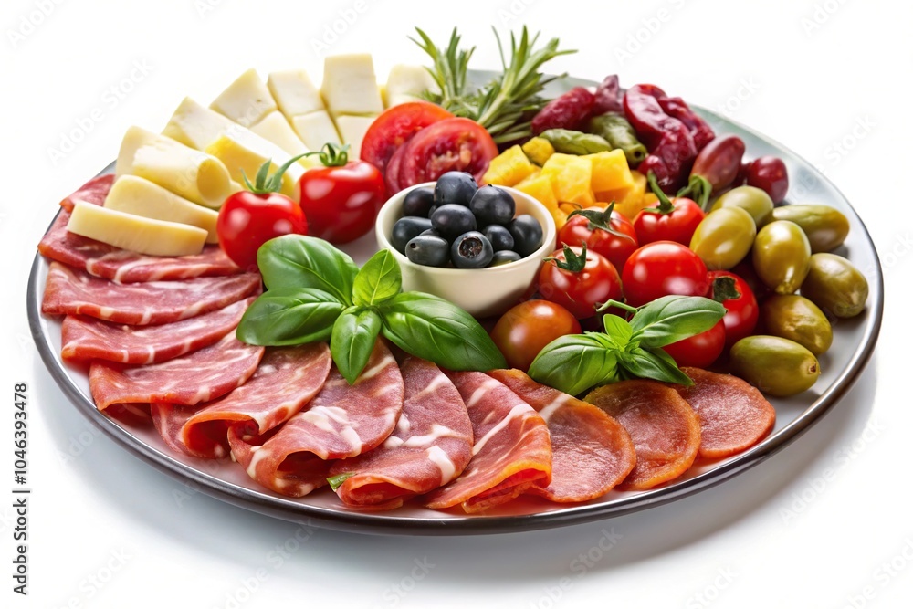 Italian antipasti plate with selective focus isolated on white background Italian antipasti plate with selective focus isolated on white background