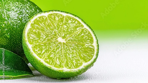 A photostock of a lime slice on a white background, perfect for fresh, summer, or culinary themes. photo