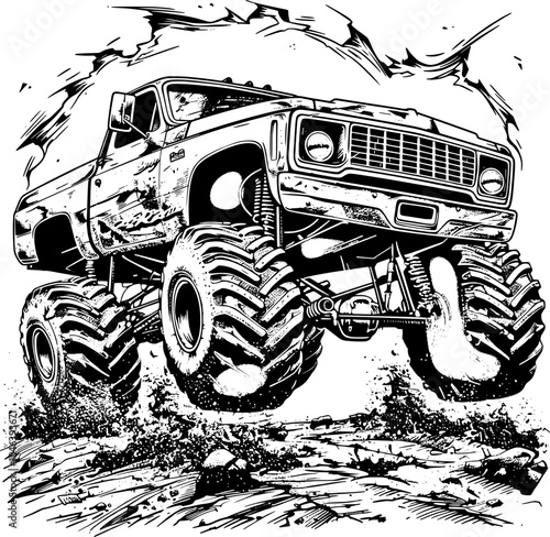 A black and white illustration of a monster truck with large tires.