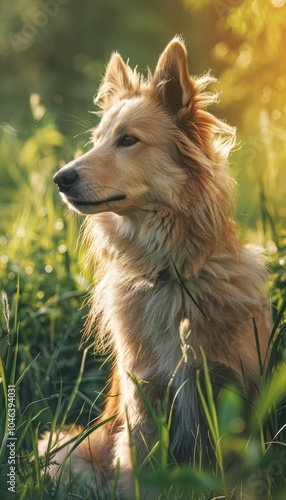 Icelandic Sheepdog in Sunlit Field - Nature-Inspired Animal Portrait for Posters and Decor