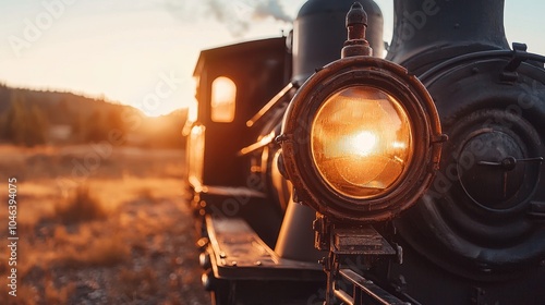 Rusty steam locomotive front view, detailed craftsmanship of headlight, cowcatcher, and smokestack, old locomotive, mechanical beauty photo