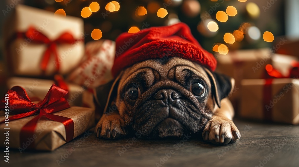 Adorable Pug in Red Santa Hat Surrounded by Christmas Gifts and Lights Adorable Pug in Red Santa Hat Surrounded by Christmas Gifts and Lights