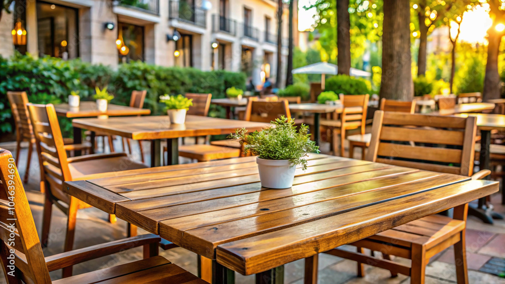 charming outdoor dining area with wooden tables and chairs, perfect for enjoying a meal on a sunny day charming outdoor dining area with wooden tables and chairs, perfect for enjoying a meal on a sunny day