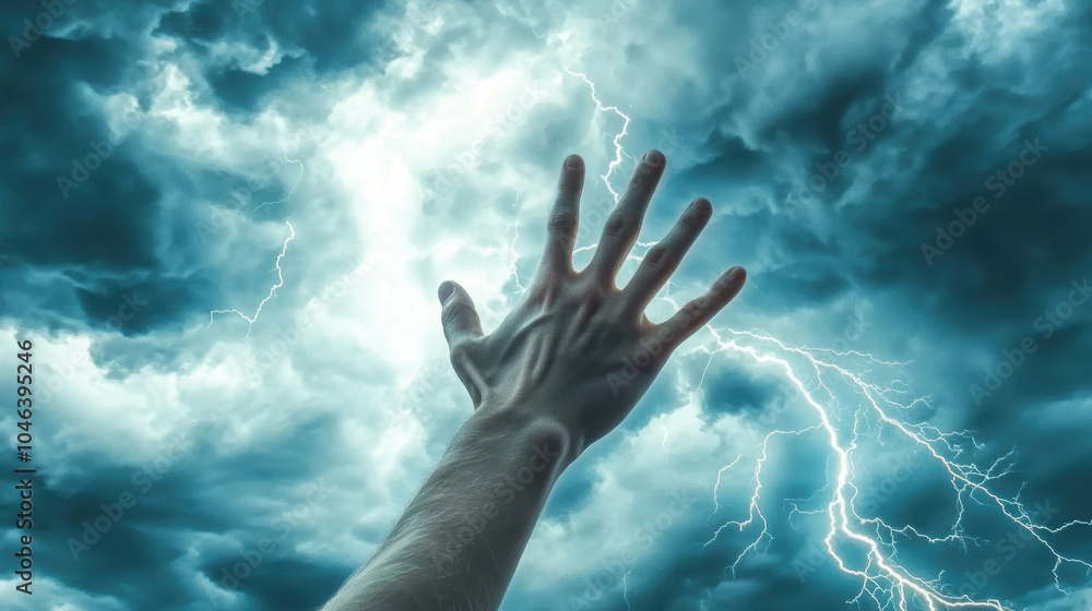 hand reaching out towards stormy sky filled with jagged lightning, symbolizing connection with natures power and energy. dramatic scene evokes sense of awe and wonder hand reaching out towards stormy sky filled with jagged lightning, symbolizing connection with natures power and energy. dramatic scene evokes sense of awe and wonder