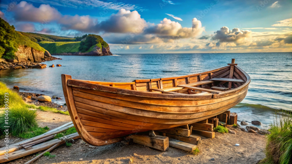 weathered wooden boat rests on the shore, cradled by the gentle lapping of waves The sun paints the sky in hues of gold and orange as a rustic wooden boat sits peacefully on the beach. weathered wooden boat rests on the shore, cradled by the gentle lapping of waves The sun paints the sky in hues of gold and orange as a rustic wooden boat sits peacefully on the beach.