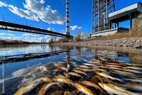 A factory on the edge of a river, with toxic waste being dumped into the water, causing dead fish to float on the surface and the once-clear water turning brown and murky, symbolizing the harmful