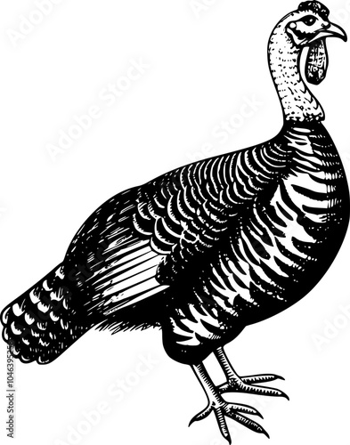 A black and white line art illustration of a turkey facing right with feathers detailed.