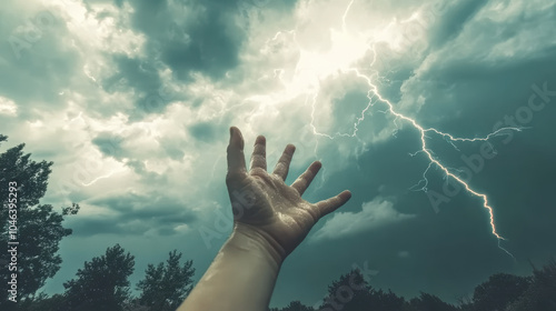 hand reaching out towards jagged lightning in stormy sky evokes sense of awe and connection with natures power. dramatic clouds and electric energy create striking visual photo