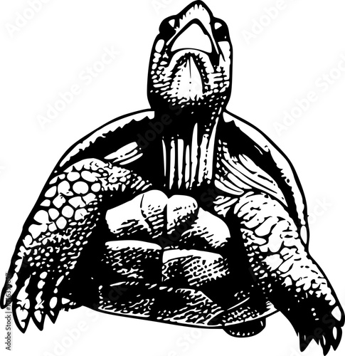 Black and white illustration of a turtle reaching up with its head and neck extended.