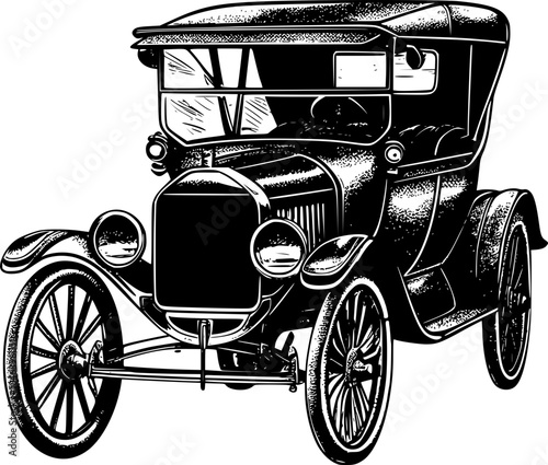 Vintage car illustration in black and white.