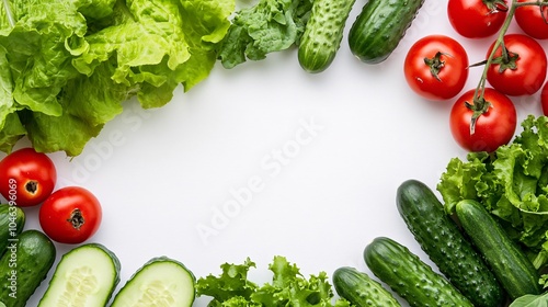 2410 112.A top-down view of an array of fresh vegetables, including vibrant green lettuce, ripe tomatoes, and cucumbers, arranged neatly on a white surface with copy space on the right, perfect for a