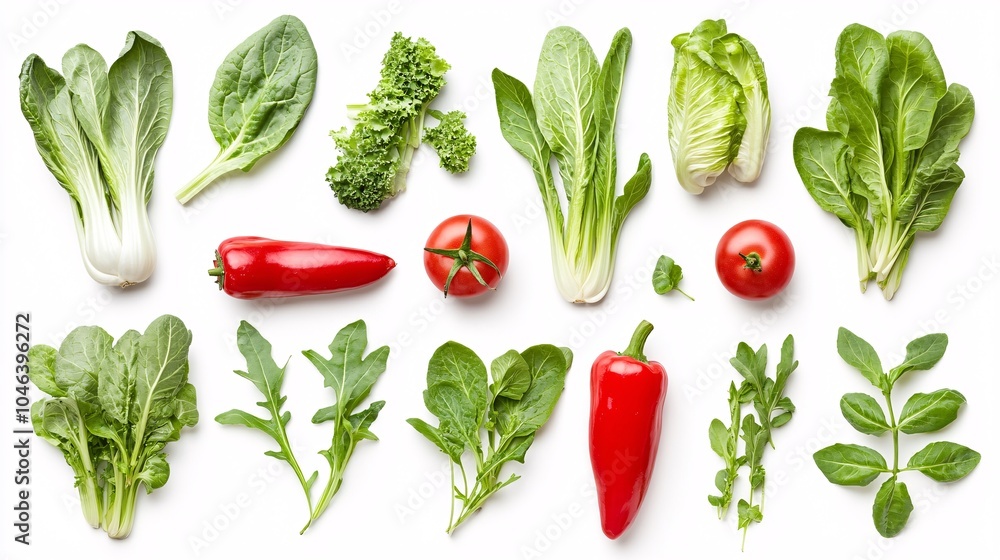 2410 117.A top-down view of various fresh salad ingredients like pak choi, bright red peppers, juicy tomatoes, and leafy rucola, all spread out on a clean white background, forming a balanced and 2410 117.A top-down view of various fresh salad ingredients like pak choi, bright red peppers, juicy tomatoes, and leafy rucola, all spread out on a clean white background, forming a balanced and
