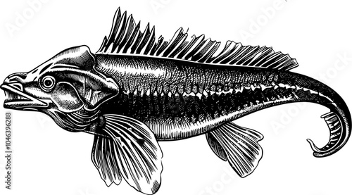 Black and white illustration of a fish with a large fin and curved tail.