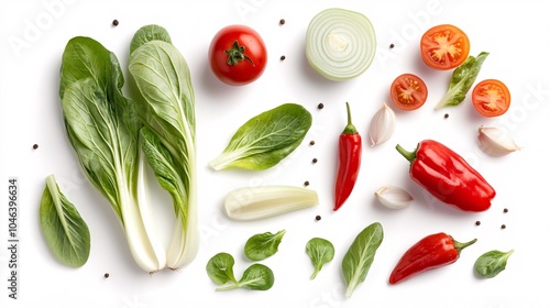 Wallpaper Mural 2410 119.An artistic flat lay of salad ingredients like pak choi, onions, tomatoes, and peppers, isolated on a bright white background, with the vegetables arranged in a creative, scattered design to Torontodigital.ca