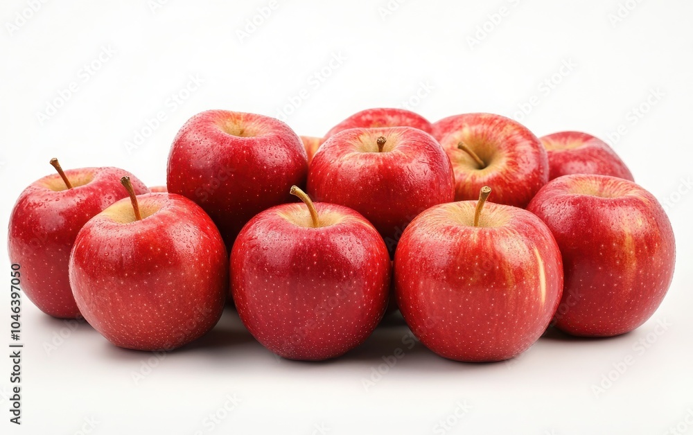 A beautiful assortment of bright red apples, emphasizing their freshness and organic nature, arranged elegantly against a clean white background A beautiful assortment of bright red apples, emphasizing their freshness and organic nature, arranged elegantly against a clean white background