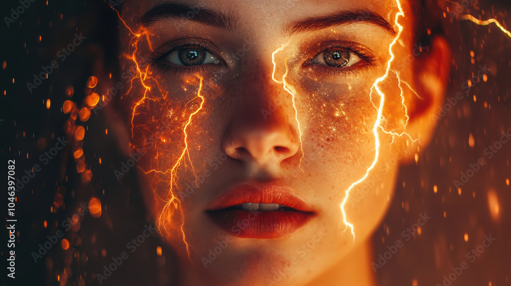 striking close up of woman face, featuring dramatic lightning effects and captivating expression. interplay of light and shadow creates intense atmosphere, evoking sense of power and emotion striking close up of woman face, featuring dramatic lightning effects and captivating expression. interplay of light and shadow creates intense atmosphere, evoking sense of power and emotion