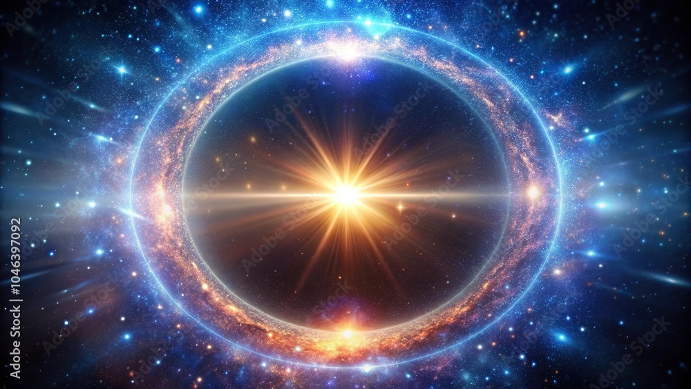 Glowing cosmic circle with burst of light resembling miniature universe Glowing cosmic circle with burst of light resembling miniature universe