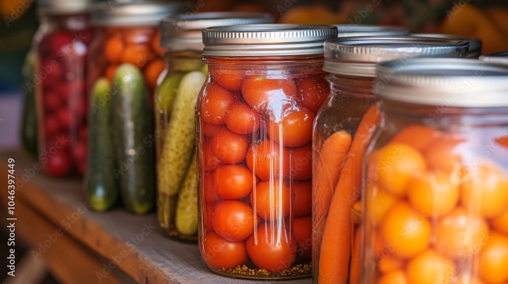 2410 137.A close-up of colorful canned vegetables in glass jars, including bright red pickled tomatoes, green cucumbers, and orange carrots, placed on a rustic table, highlighting the art of 2410 137.A close-up of colorful canned vegetables in glass jars, including bright red pickled tomatoes, green cucumbers, and orange carrots, placed on a rustic table, highlighting the art of