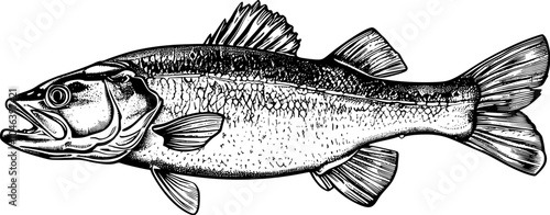 A detailed line drawing of a fish, with fins and scales.