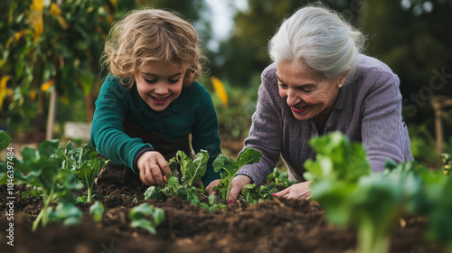 Wallpaper Mural Grandmother and granddaughter happily planting vegetables together in a sunny garden Torontodigital.ca