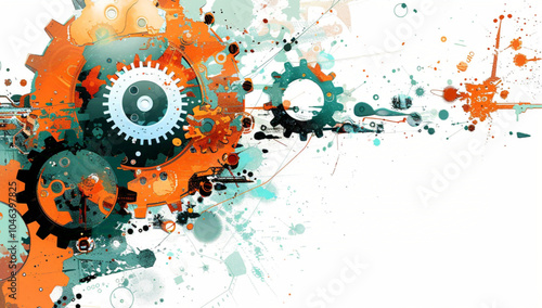 simple big cog, small cog illustration, white background, orange, blue, green colors