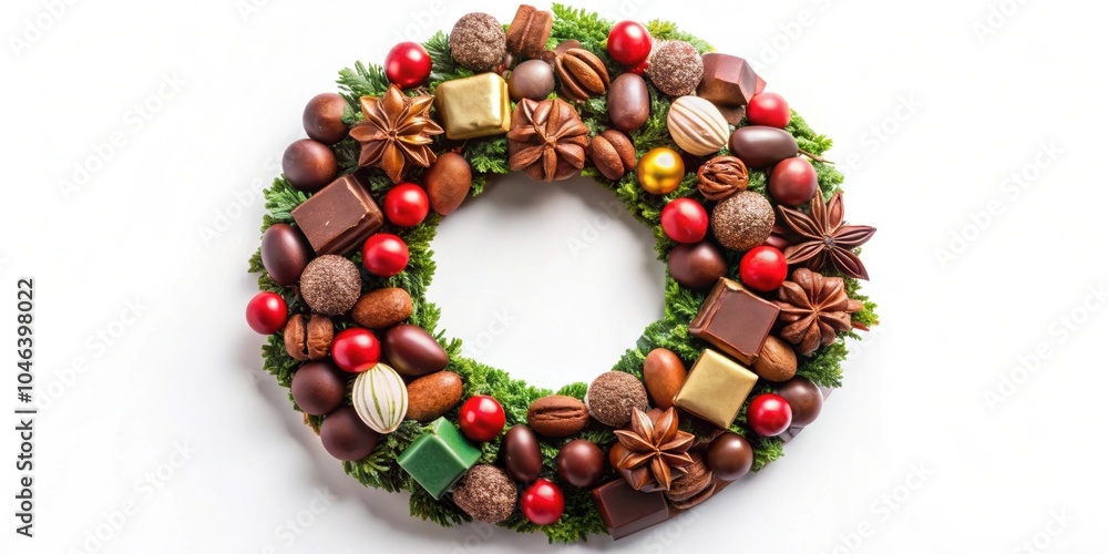Chocolate Christmas wreath made of assorted chocolates and candies, chocolate, Christmas, wreath, isolated, festive, holiday Chocolate Christmas wreath made of assorted chocolates and candies, chocolate, Christmas, wreath, isolated, festive, holiday