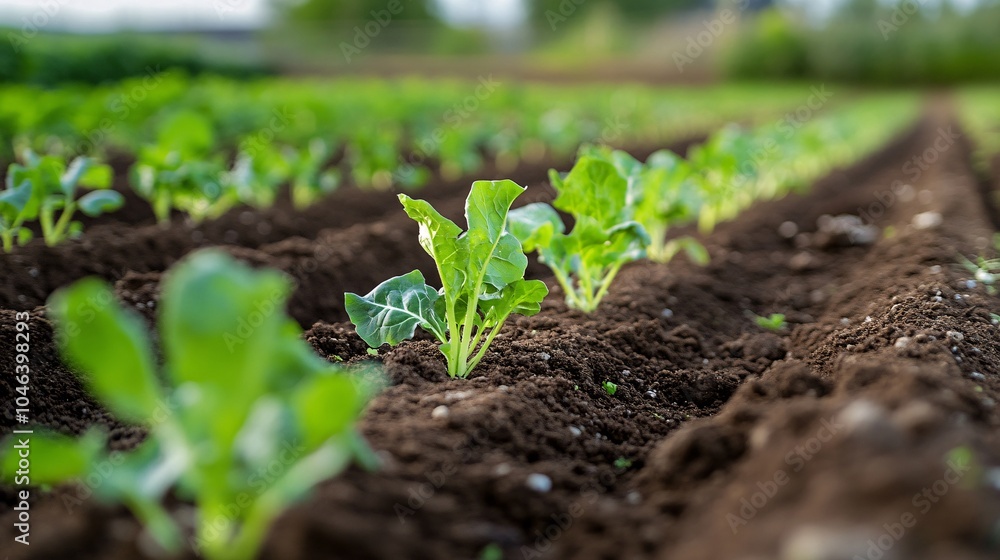 2410 53.A detailed shot of organic vegetable plots with carefully spaced plants lined up in even rows, the rich soil and healthy green leaves conveying the effort behind organic farming and 2410 53.A detailed shot of organic vegetable plots with carefully spaced plants lined up in even rows, the rich soil and healthy green leaves conveying the effort behind organic farming and