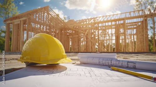 Construction Site with Helmet and Blueprint