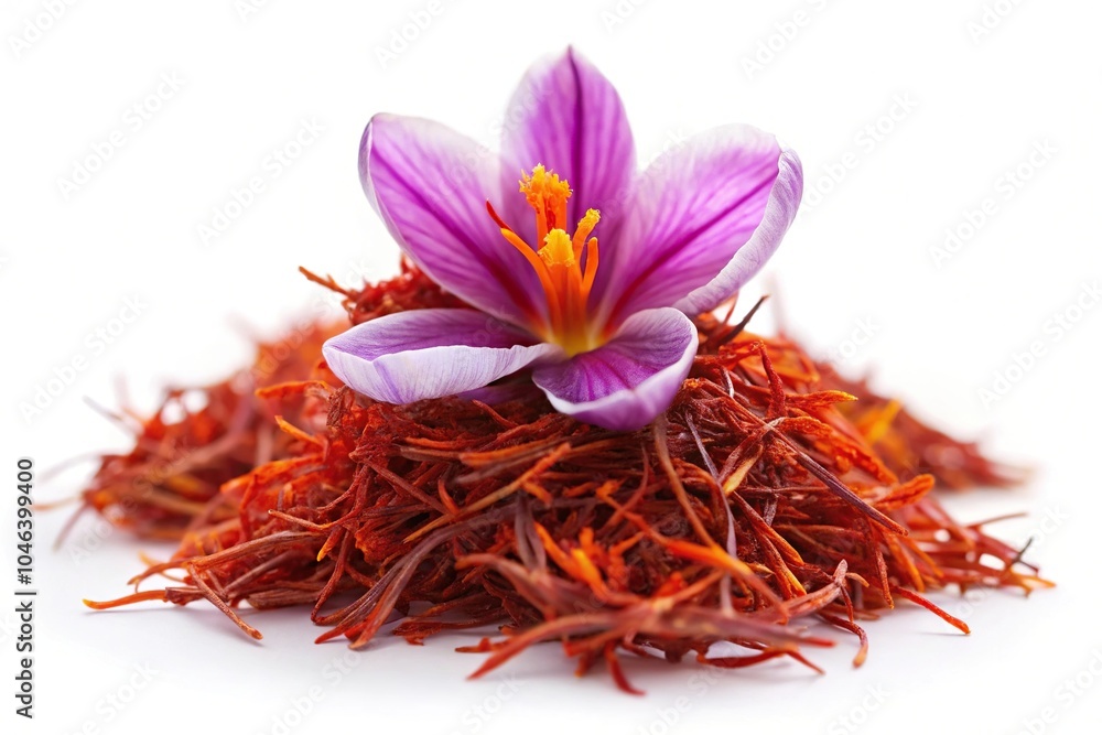 Fototapeta premium Fresh saffron flower on saffron threads on white background at tilted angle