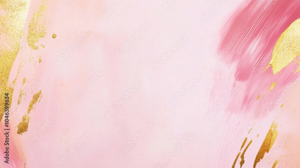 Fototapeta premium Photo of, Pink background with abstract paint splatters and brush strokes in shimmering gold and copper tones for design, banner template
