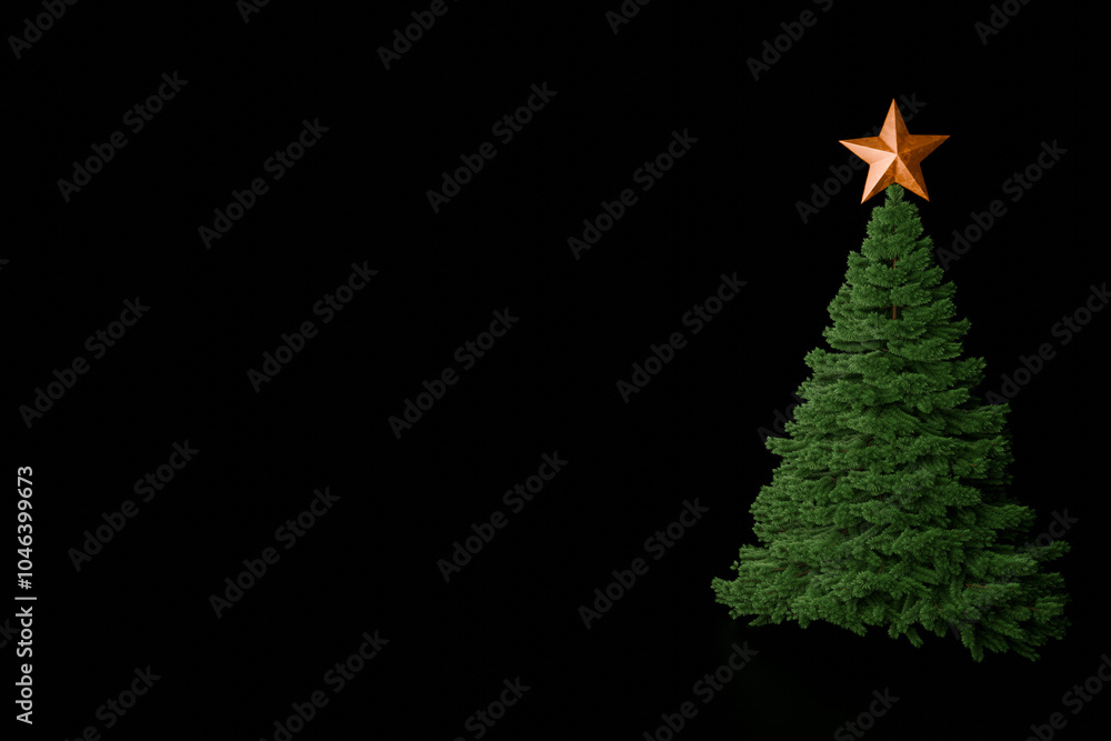 Christmas tree with gold star. New year sale flyer concept/greeting card/calendar. 3D rendered black background Christmas tree with gold star. New year sale flyer concept/greeting card/calendar. 3D rendered black background
