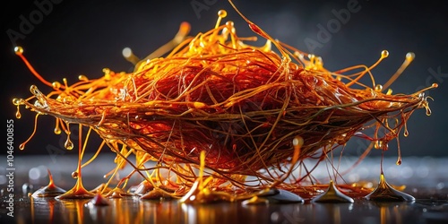 Fibers of saffron strands tangled in a web of dripping slime, sticky mess, nature's adhesive, golden threads photo